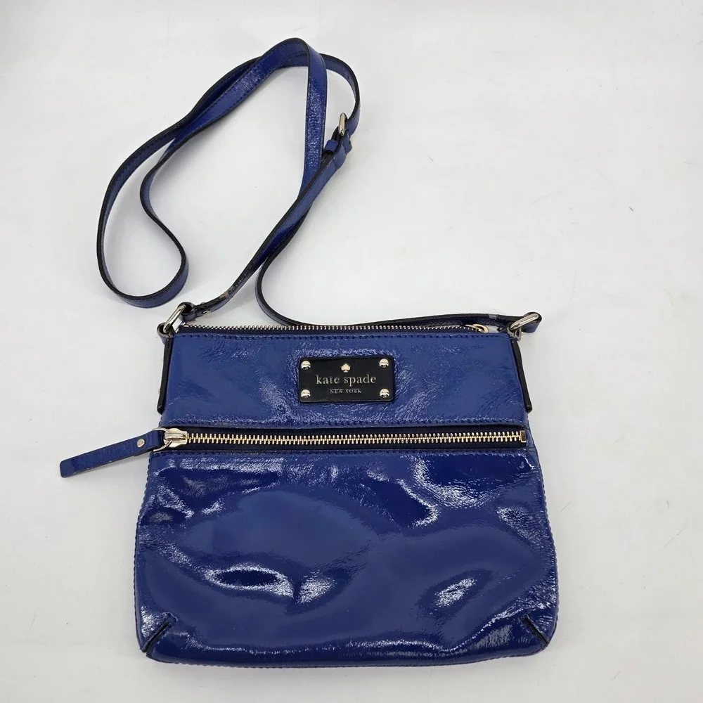 Kate Spade Cobalt Blue Patent Leather Crossbody Bag Gold Hardware Glossy Purse
